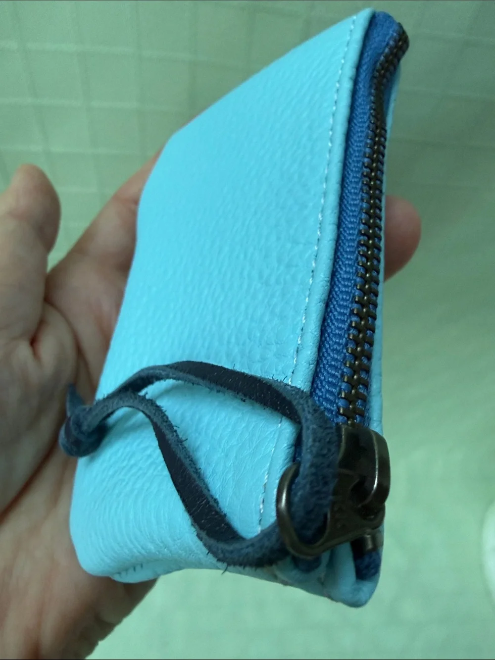 New Handmade Light Blue Pebbled Leather Wristlet Coin Pouch/Card Holder